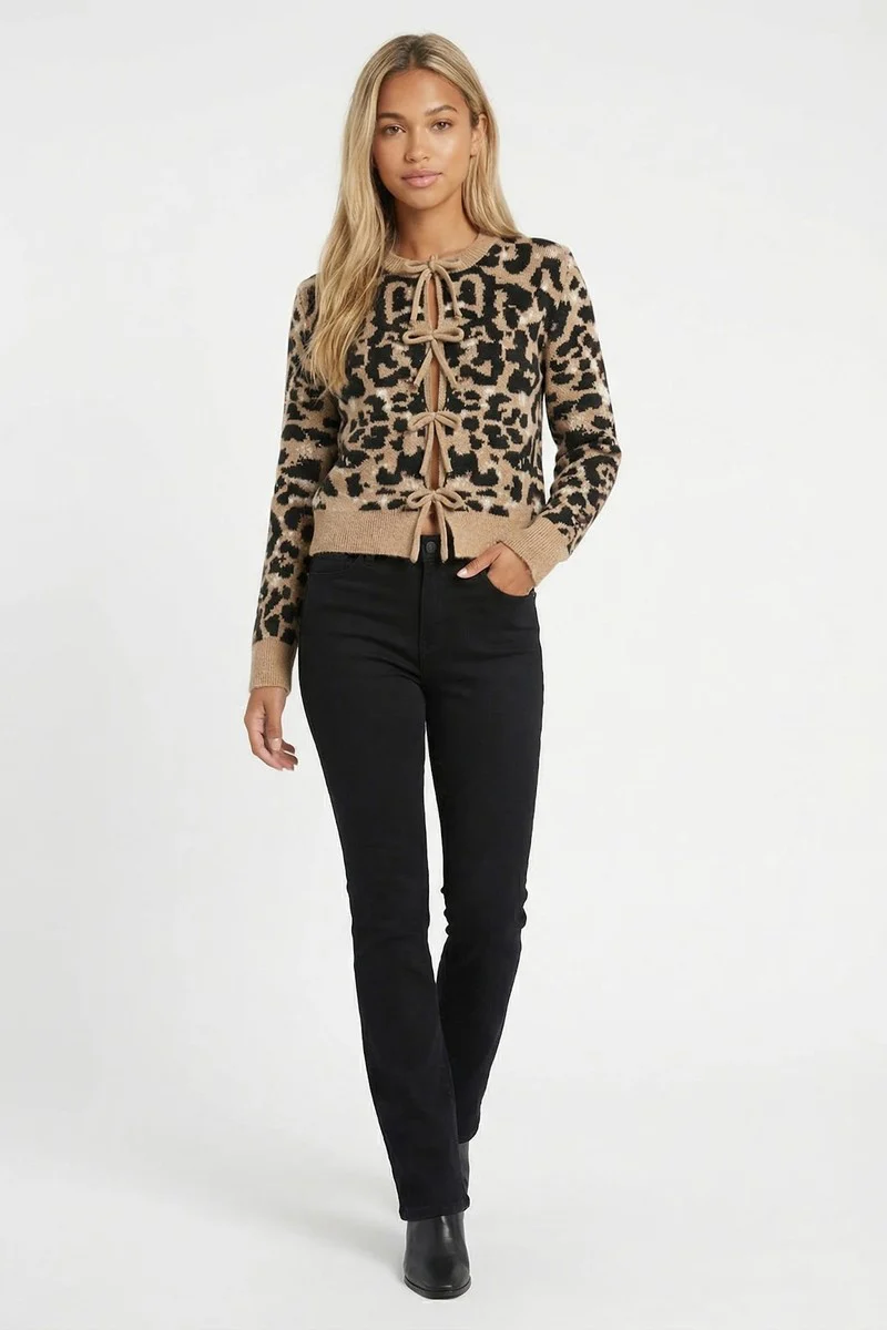 Leopard Lace-Up Bow Cardigan Sweater - Image 3