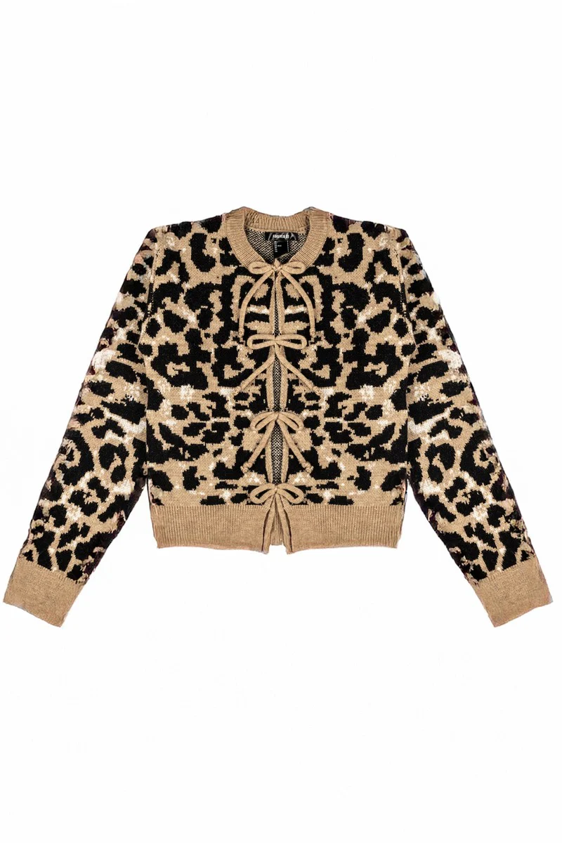 Leopard Lace-Up Bow Cardigan Sweater - Image 4