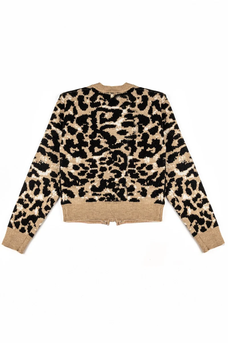 Leopard Lace-Up Bow Cardigan Sweater - Image 5