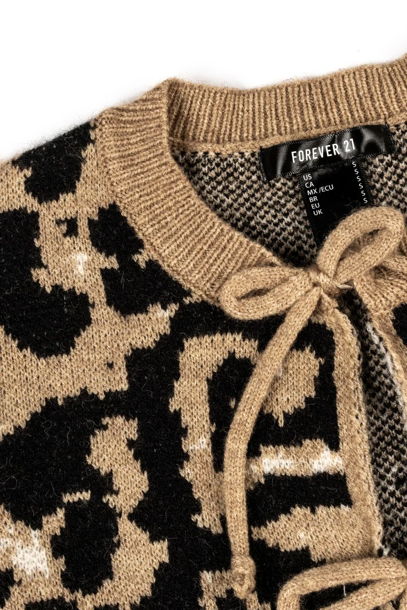 Leopard Lace-Up Bow Cardigan Sweater - Image 6