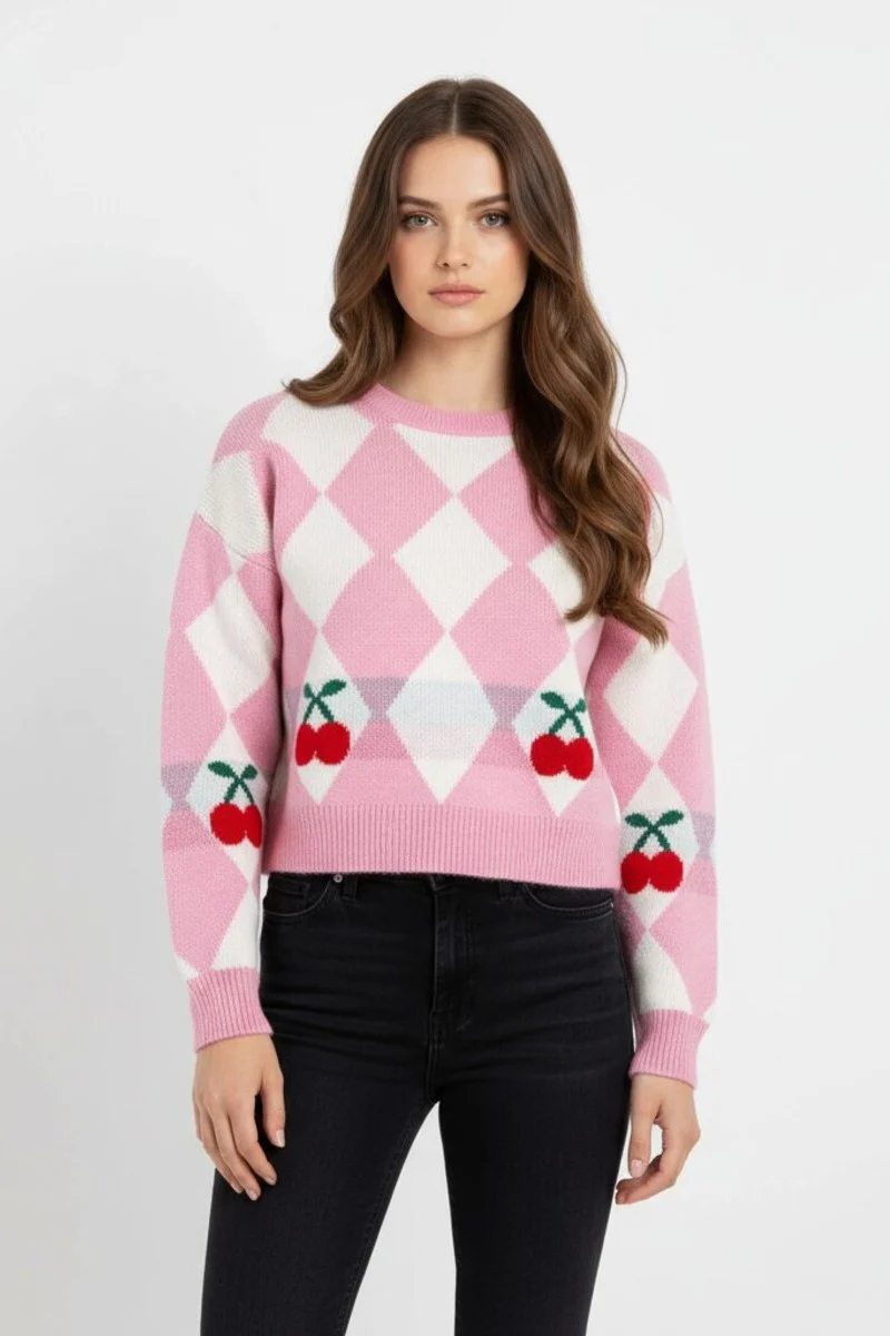 Argyle Cherry Knit Sweater - Image 2