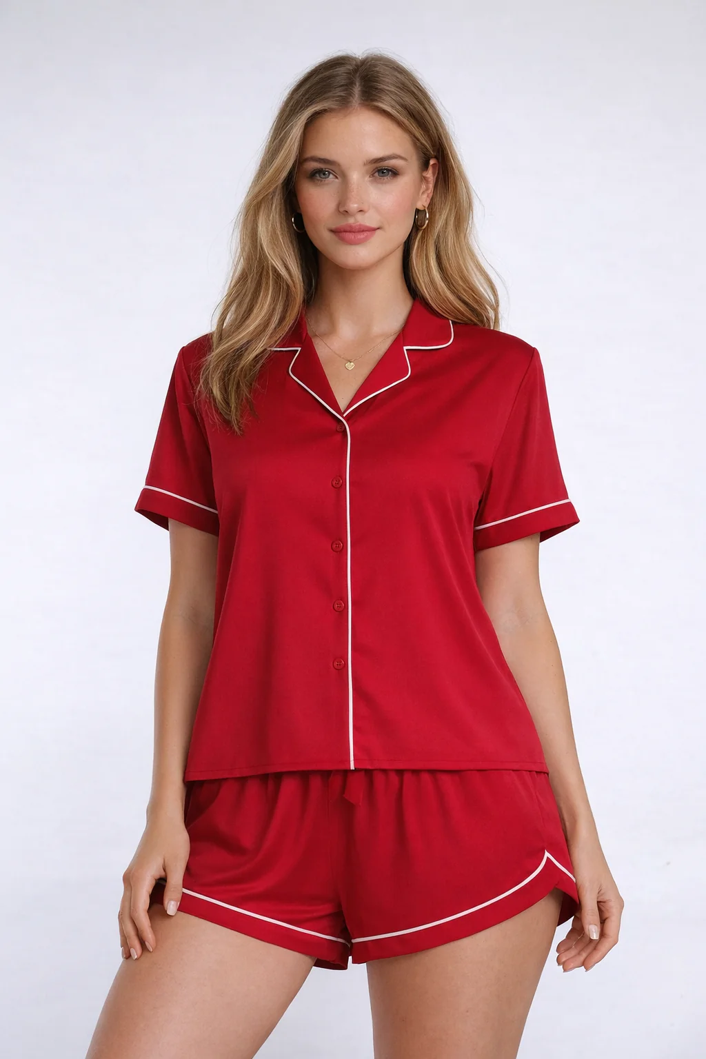 Piped-Trim Top & Shorts Pajama Set - Image 3