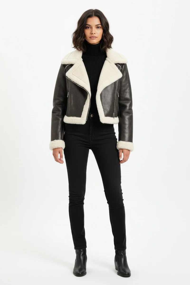 Cropped Faux Leather & Shearling Moto Jacket - Image 2