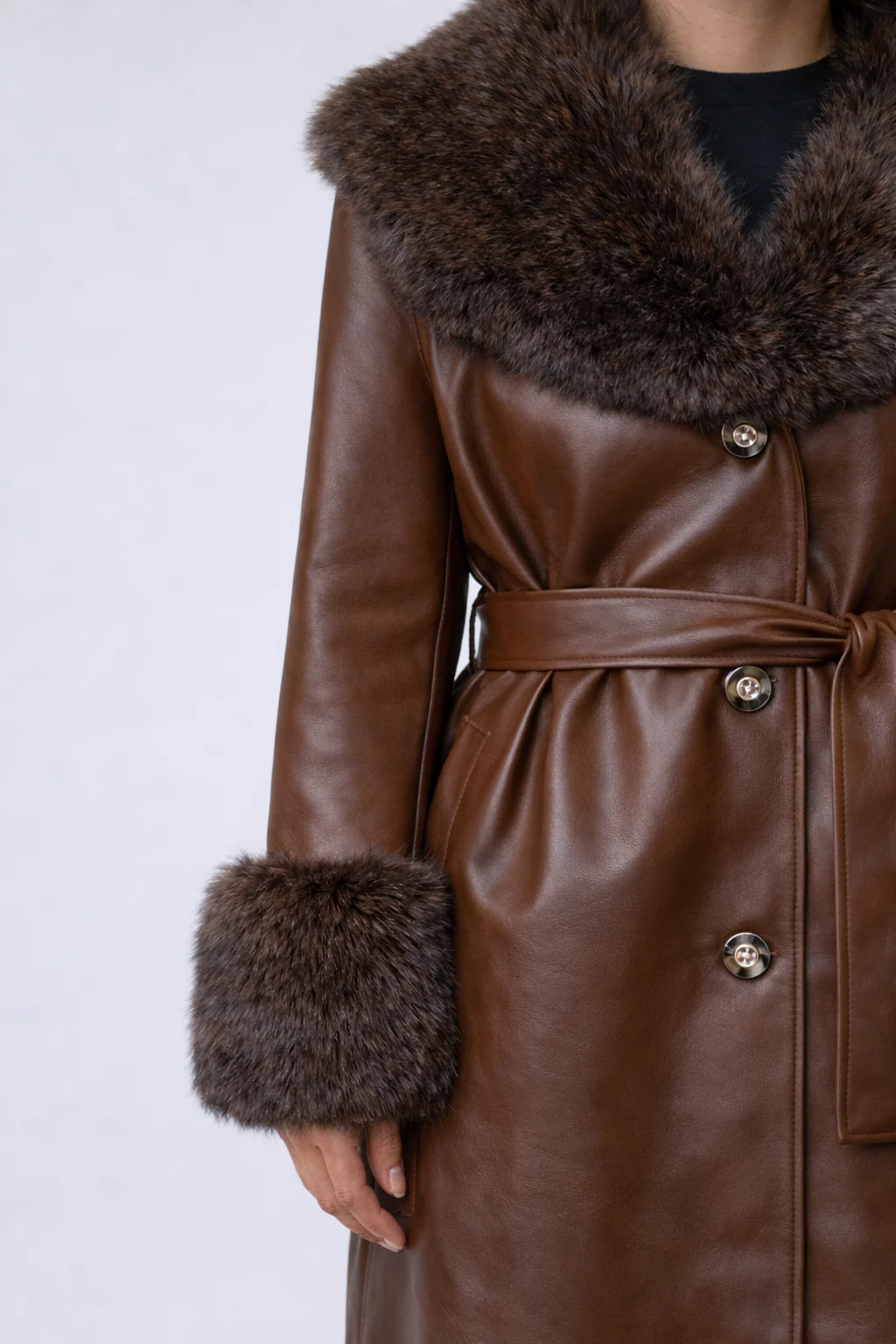 Faux Leather & Faux Fur-Trim Trench Coat - Image 6