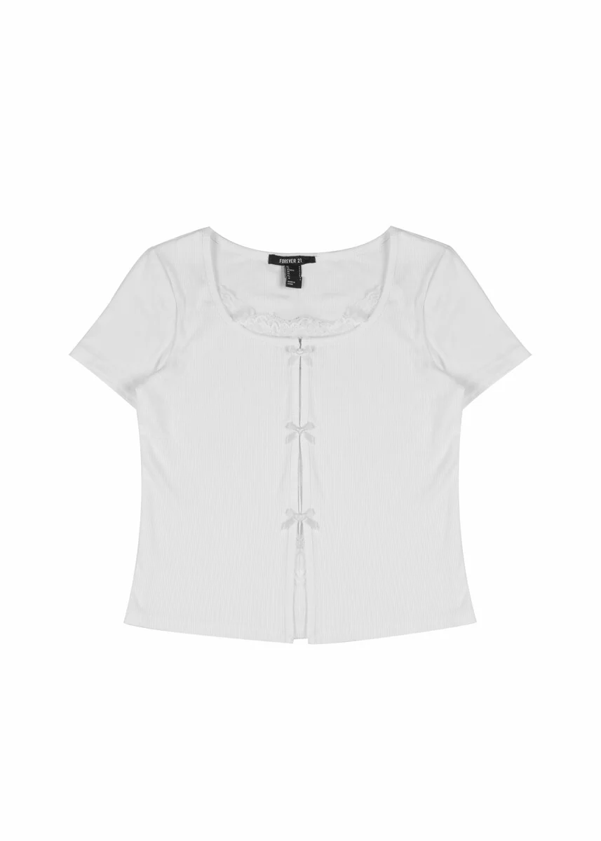 Ribbed Lace-Trim Bow Top - Image 2