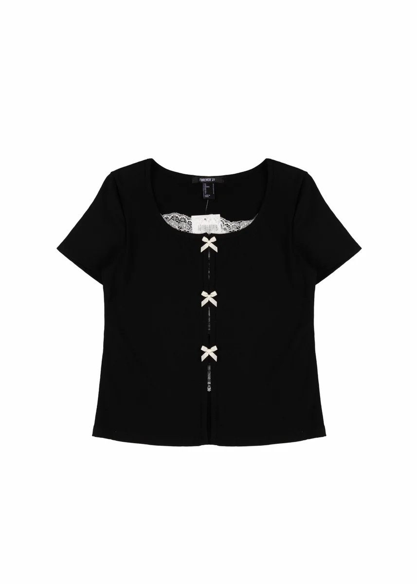 Ribbed Lace-Trim Bow Top - Image 7