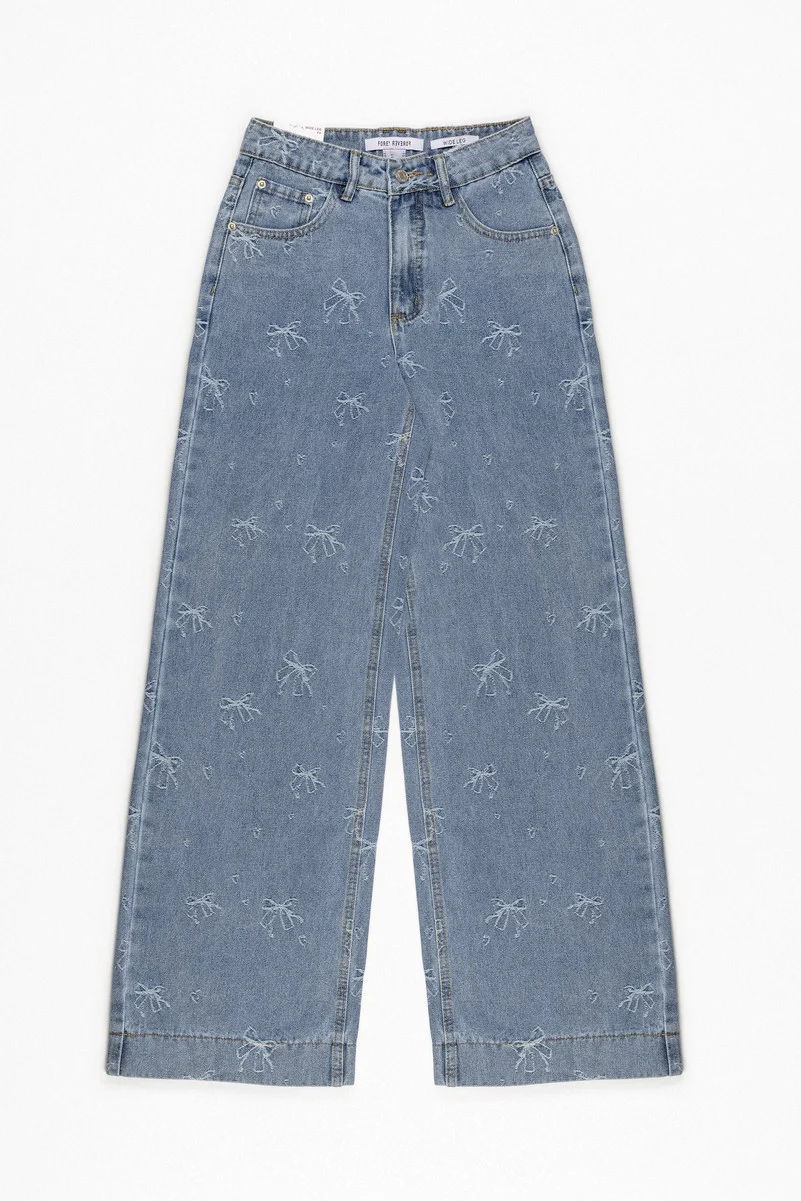 Embroidered Bow Print Wide-Leg Jeans - Image 3