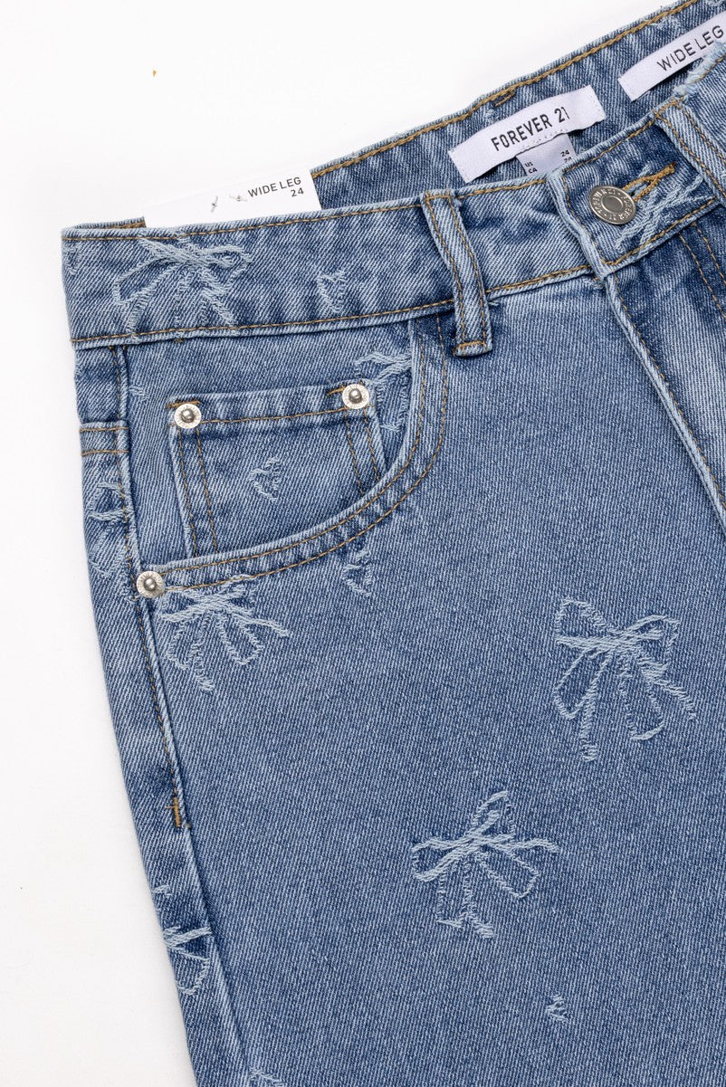 Embroidered Bow Print Wide-Leg Jeans - Image 4