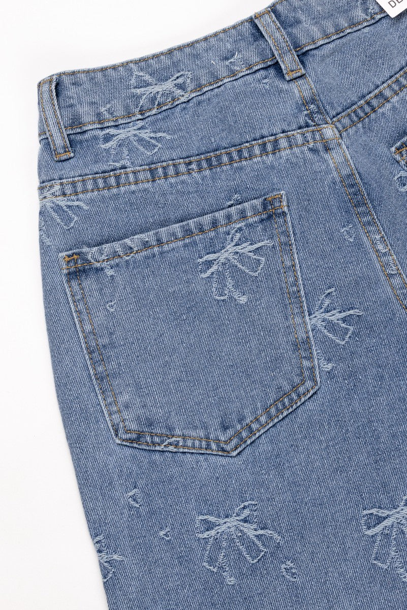 Embroidered Bow Print Wide-Leg Jeans - Image 5
