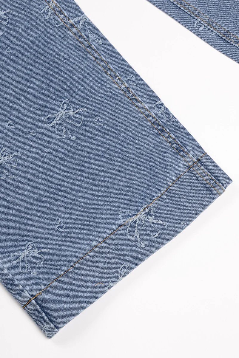 Embroidered Bow Print Wide-Leg Jeans - Image 6
