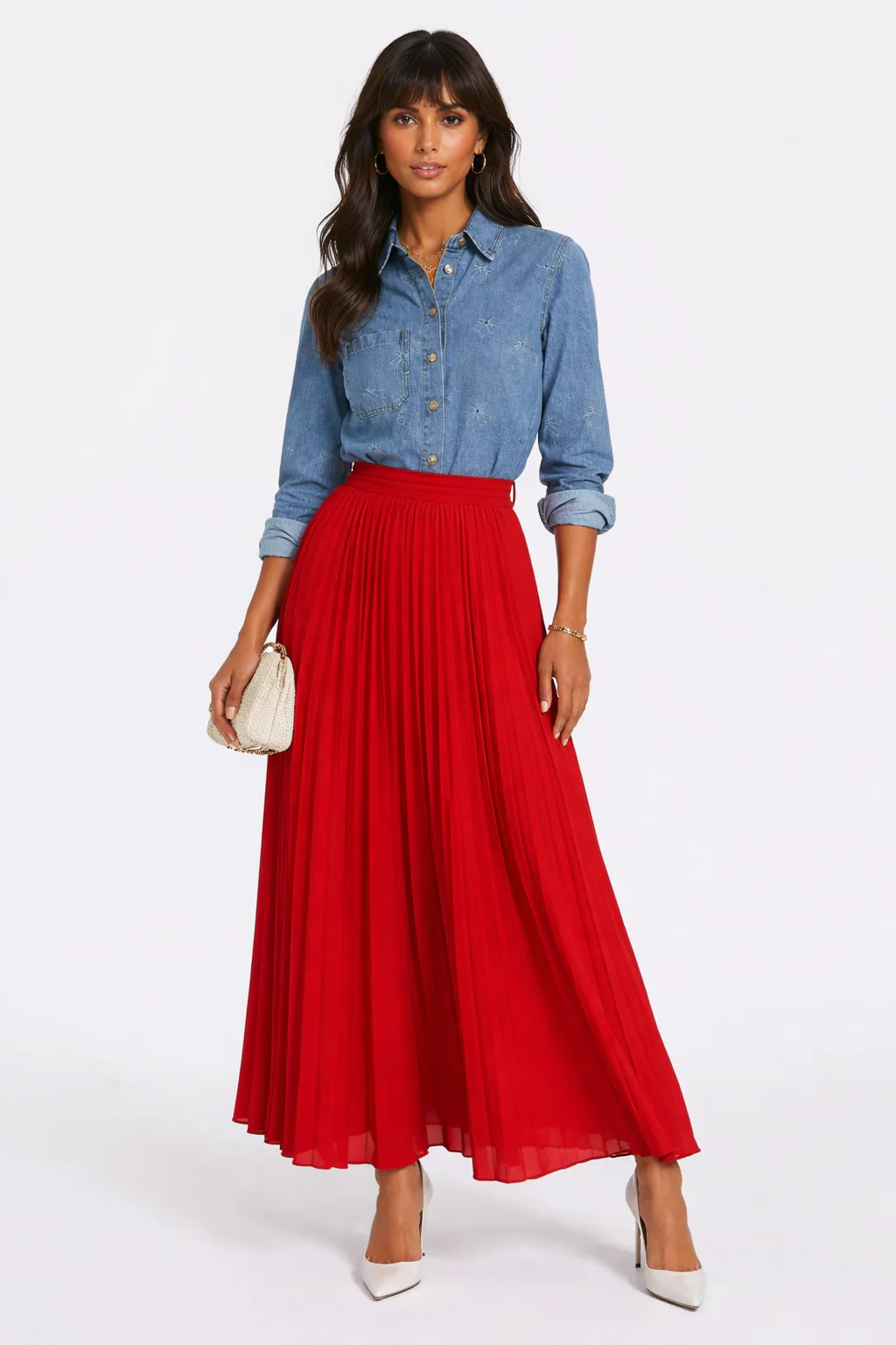 Embroidered Bow Print Oversized Denim Shirt - Image 3