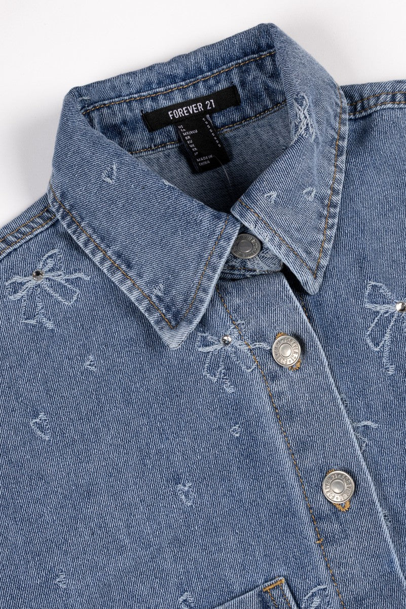 Embroidered Bow Print Oversized Denim Shirt - Image 4