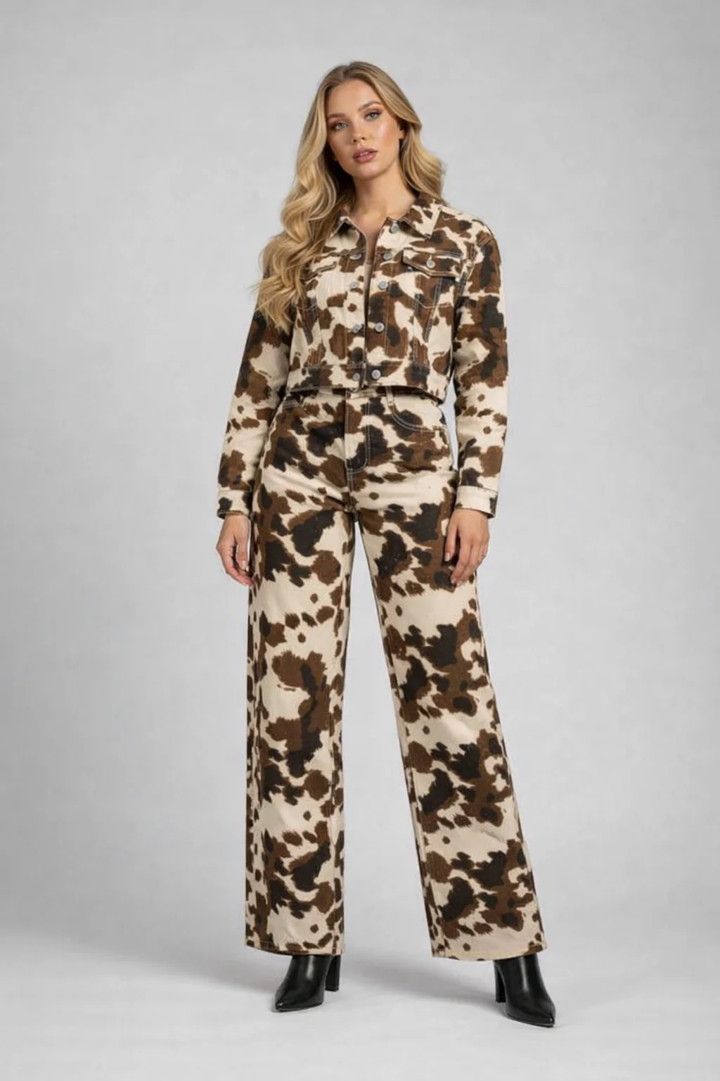 Cropped Cow Print Denim Jacket - Image 3