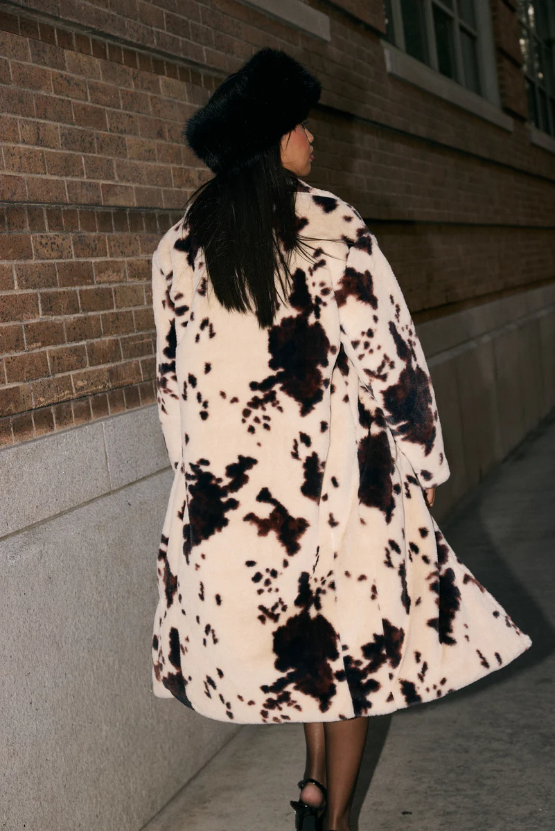 Cow Print Faux Fur Longline Coat - Image 3
