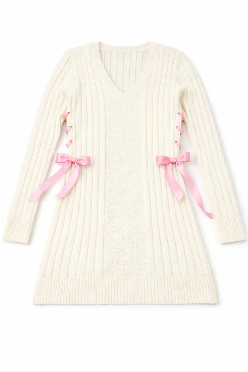 Cable Knit Lace-Up Ribbon Mini Dress - Image 8