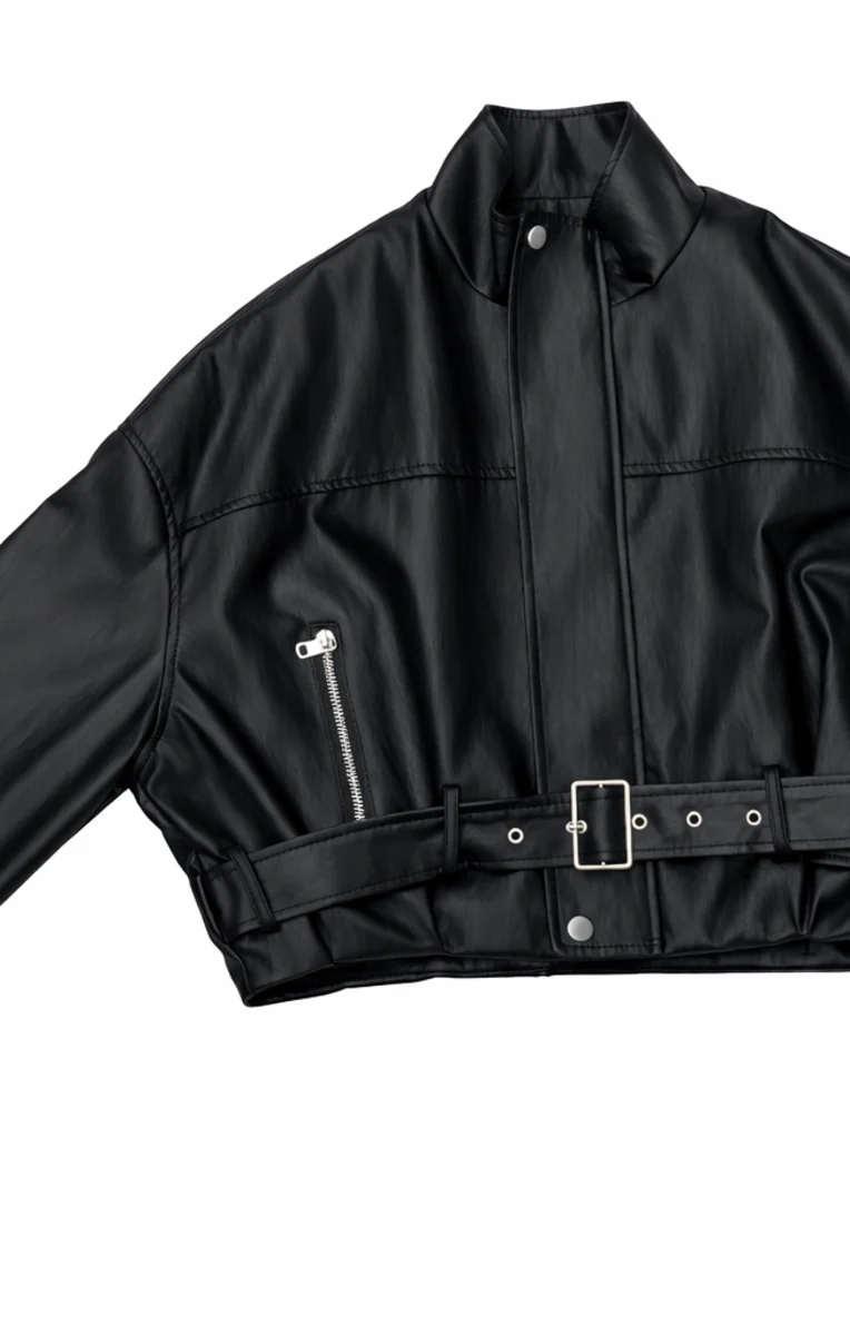 Faux Leather Belted Cropped Jacket - Image 3