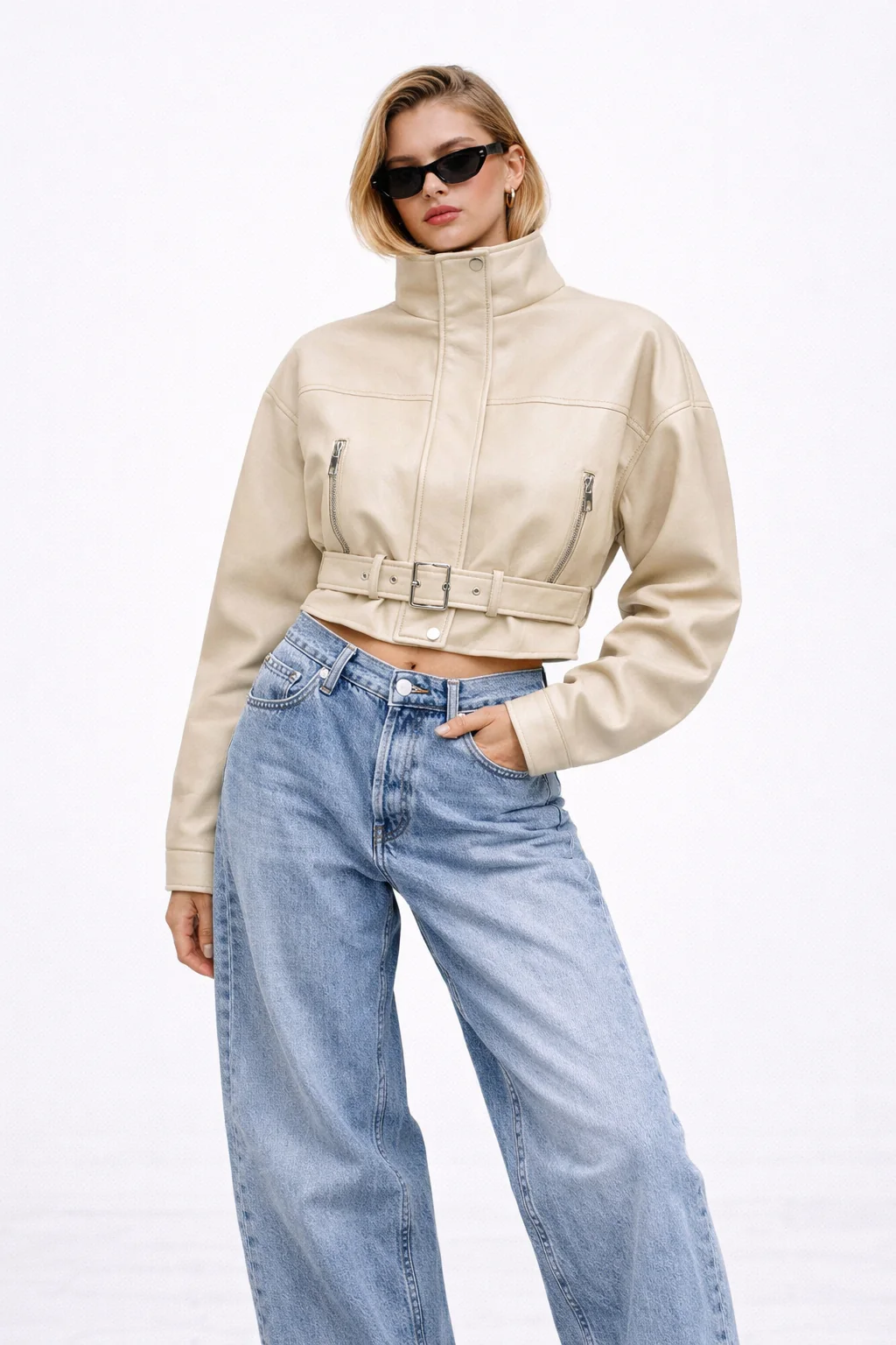 Faux Leather Belted Cropped Jacket - Image 6