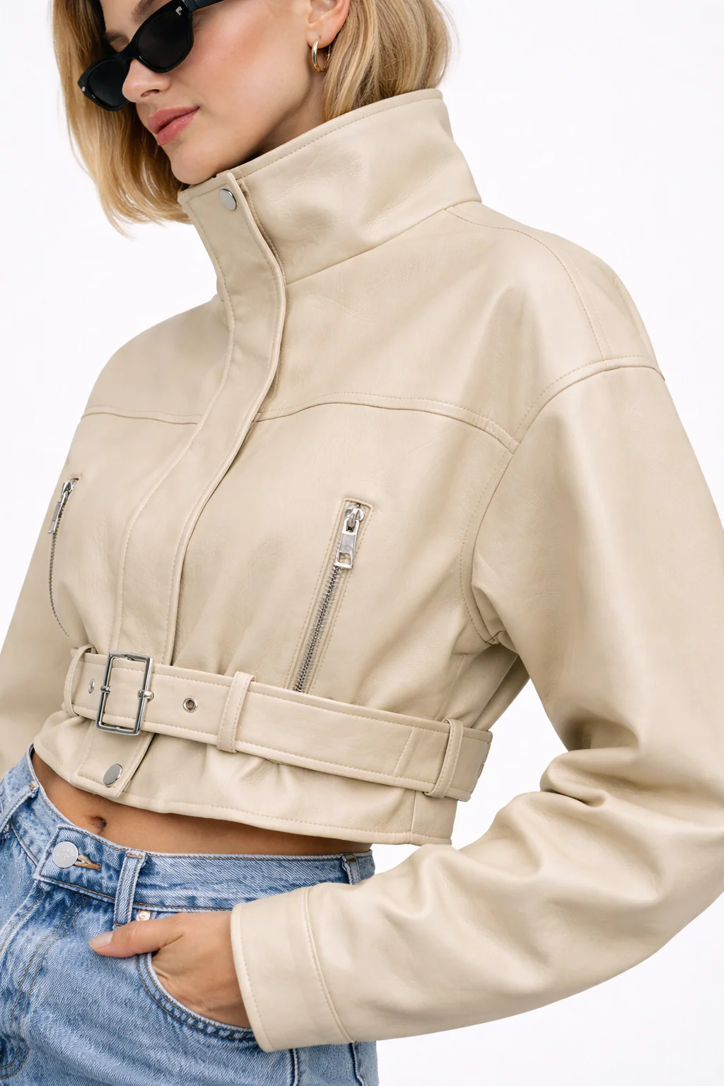 Faux Leather Belted Cropped Jacket - Image 7
