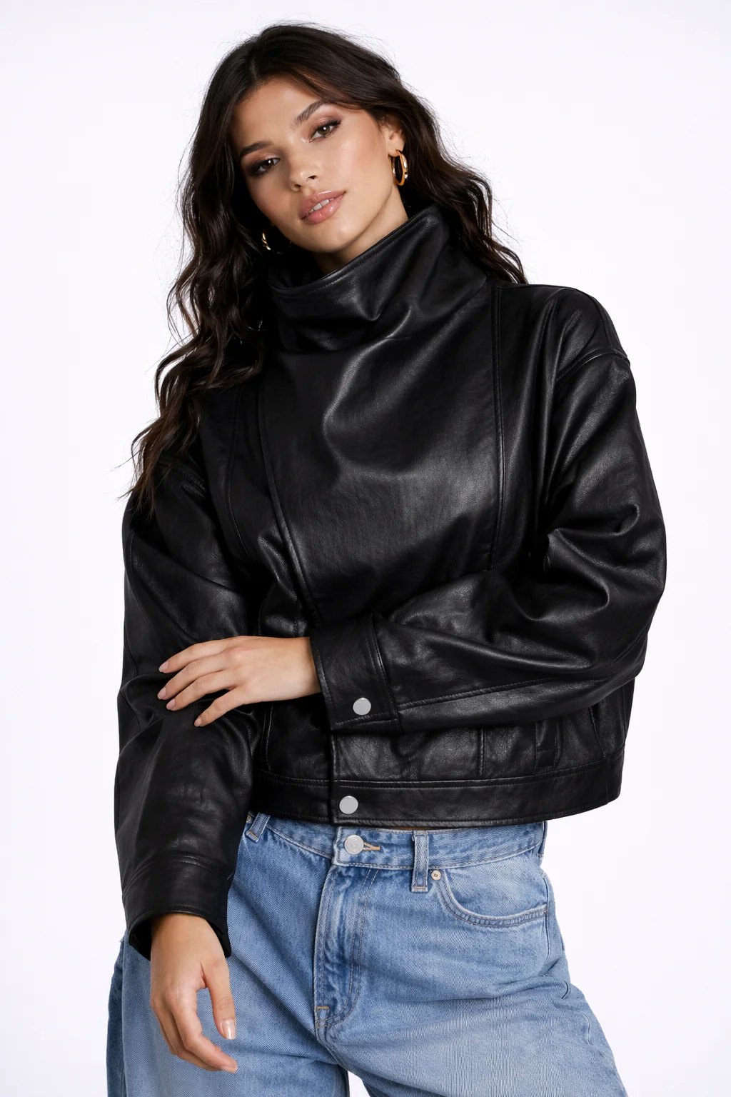 Faux Leather Funnel Neck Jacket - Image 5