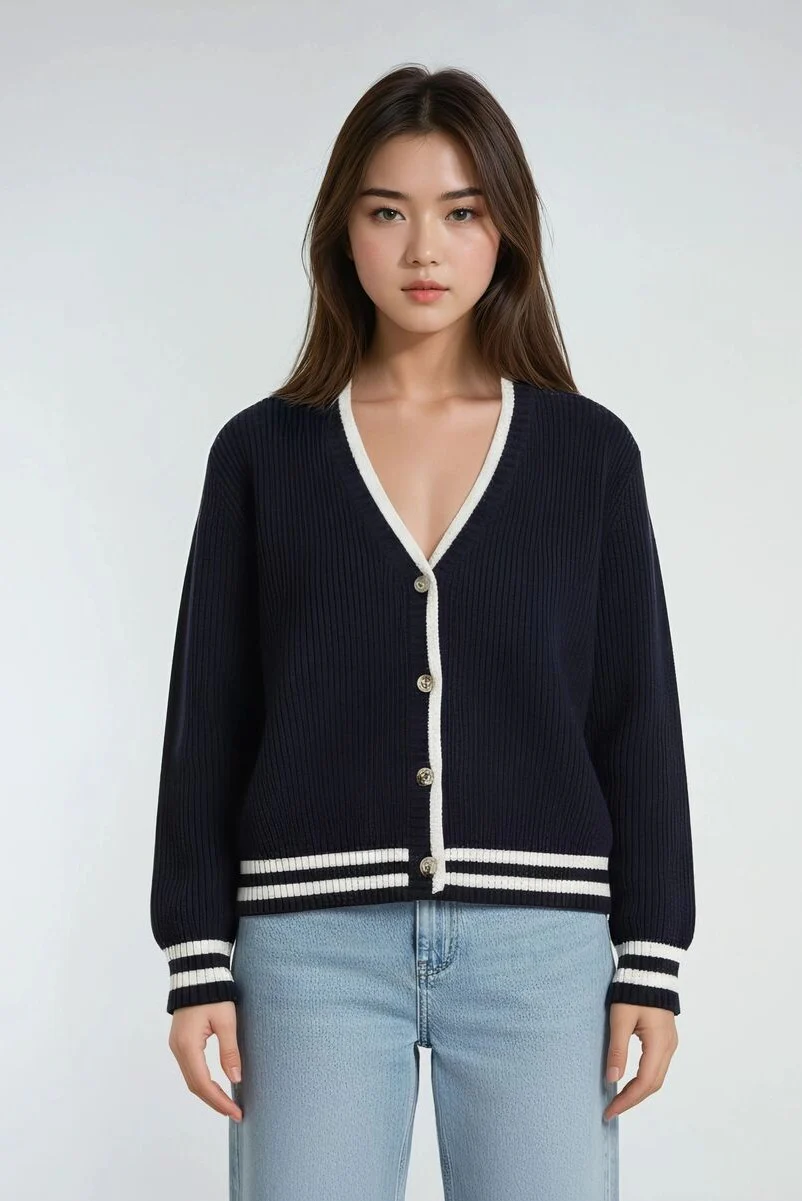 Oversized Contrast-Trim Ribbed Cardigan - Image 7