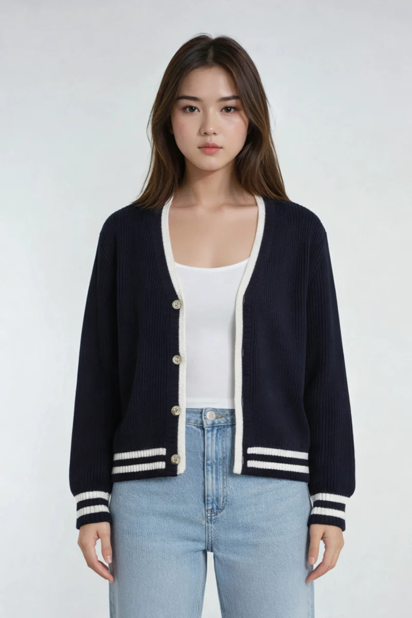 Oversized Contrast-Trim Ribbed Cardigan - Image 8