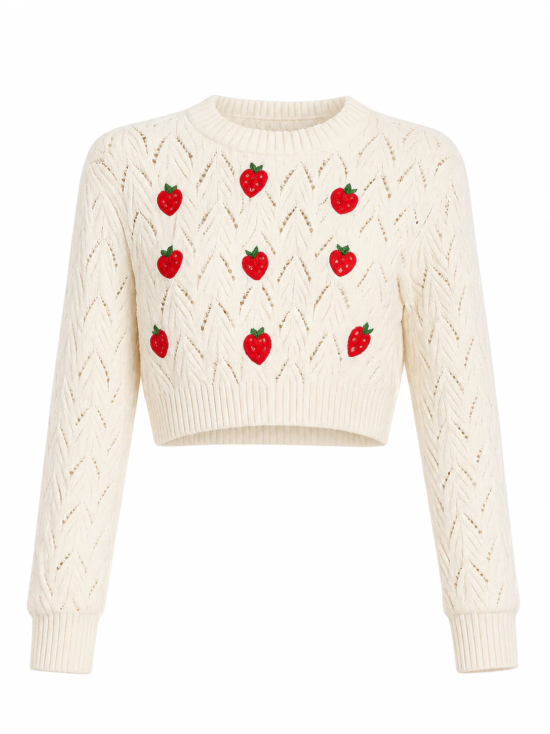 Embroidered Strawberry Cropped Pointelle Sweater - Image 4