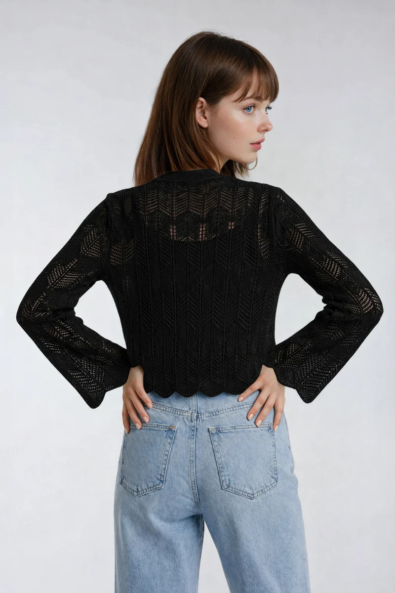 Open-Front Pointelle Bow Cardigan - Image 7