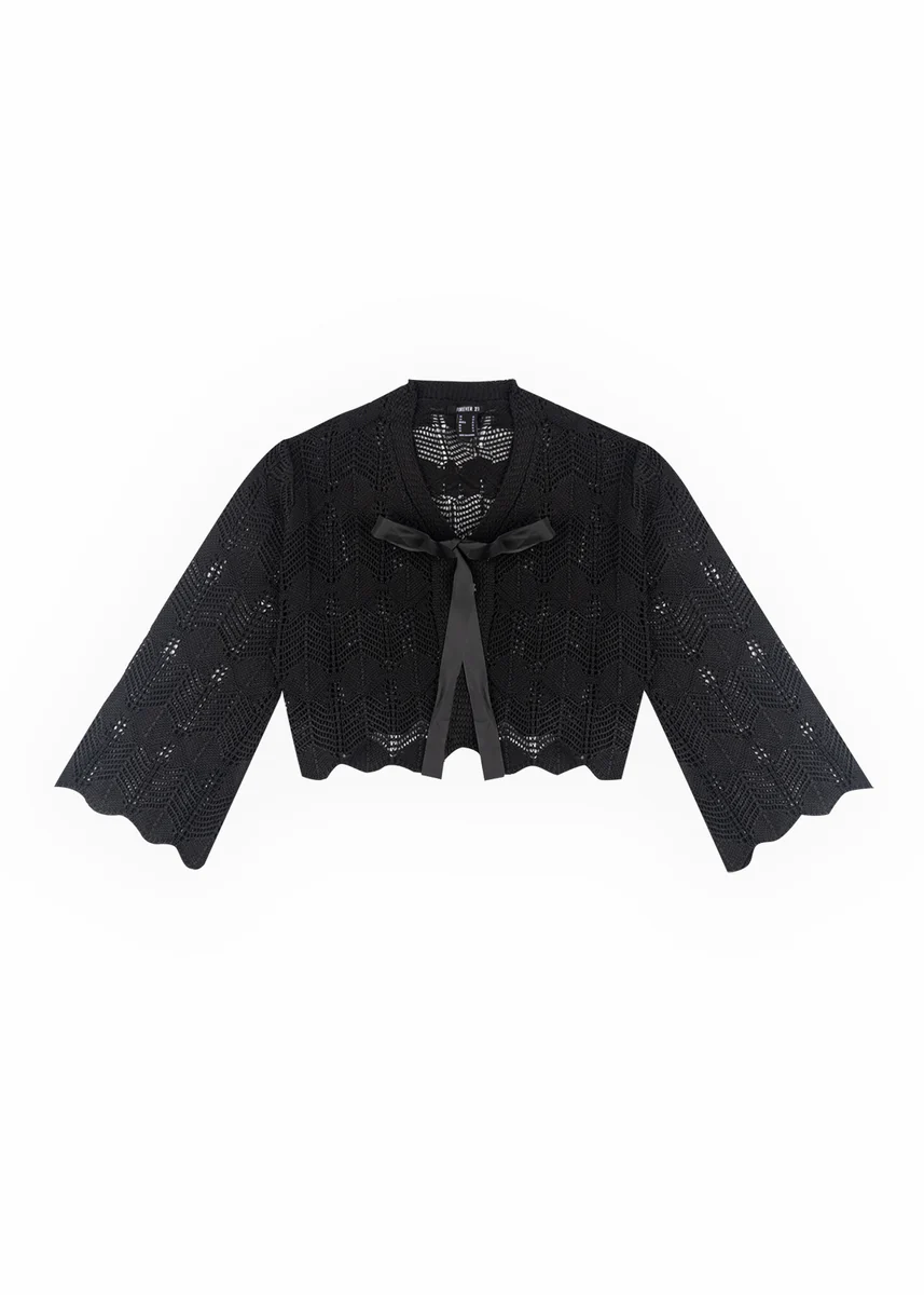 Open-Front Pointelle Bow Cardigan - Image 8