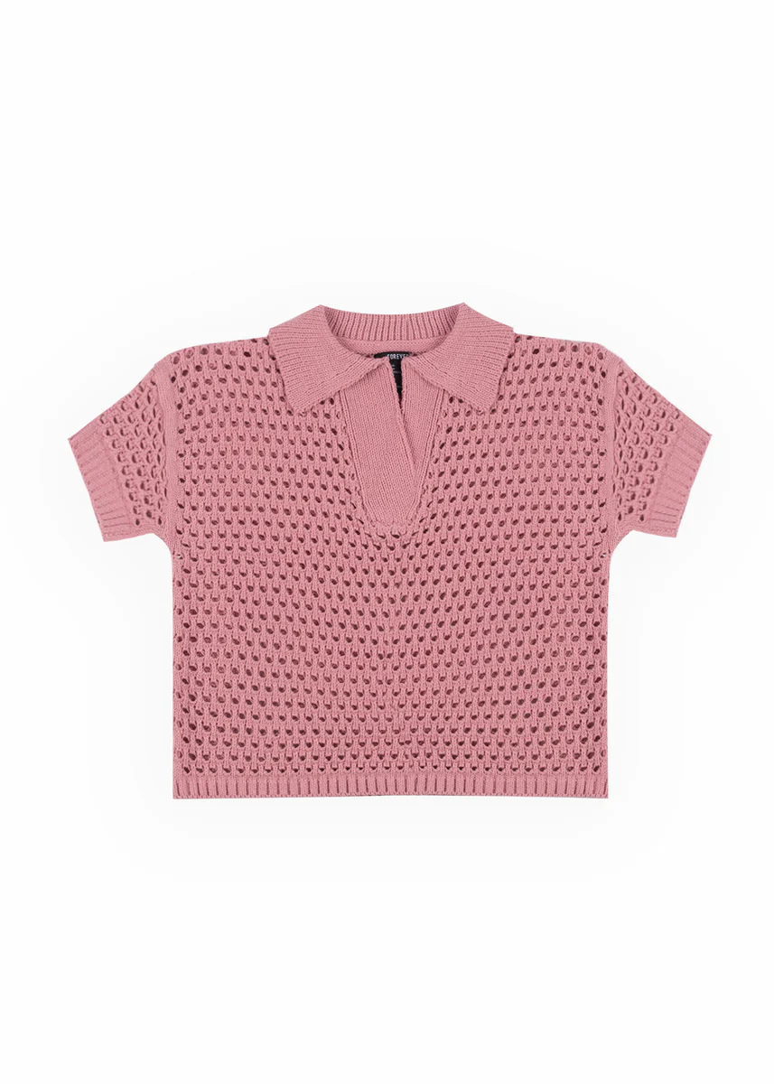 Short-Sleeve Crochet Collared Sweater Top - Image 13