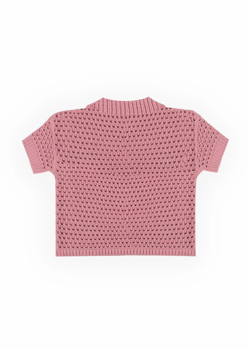 Short-Sleeve Crochet Collared Sweater Top - Image 14