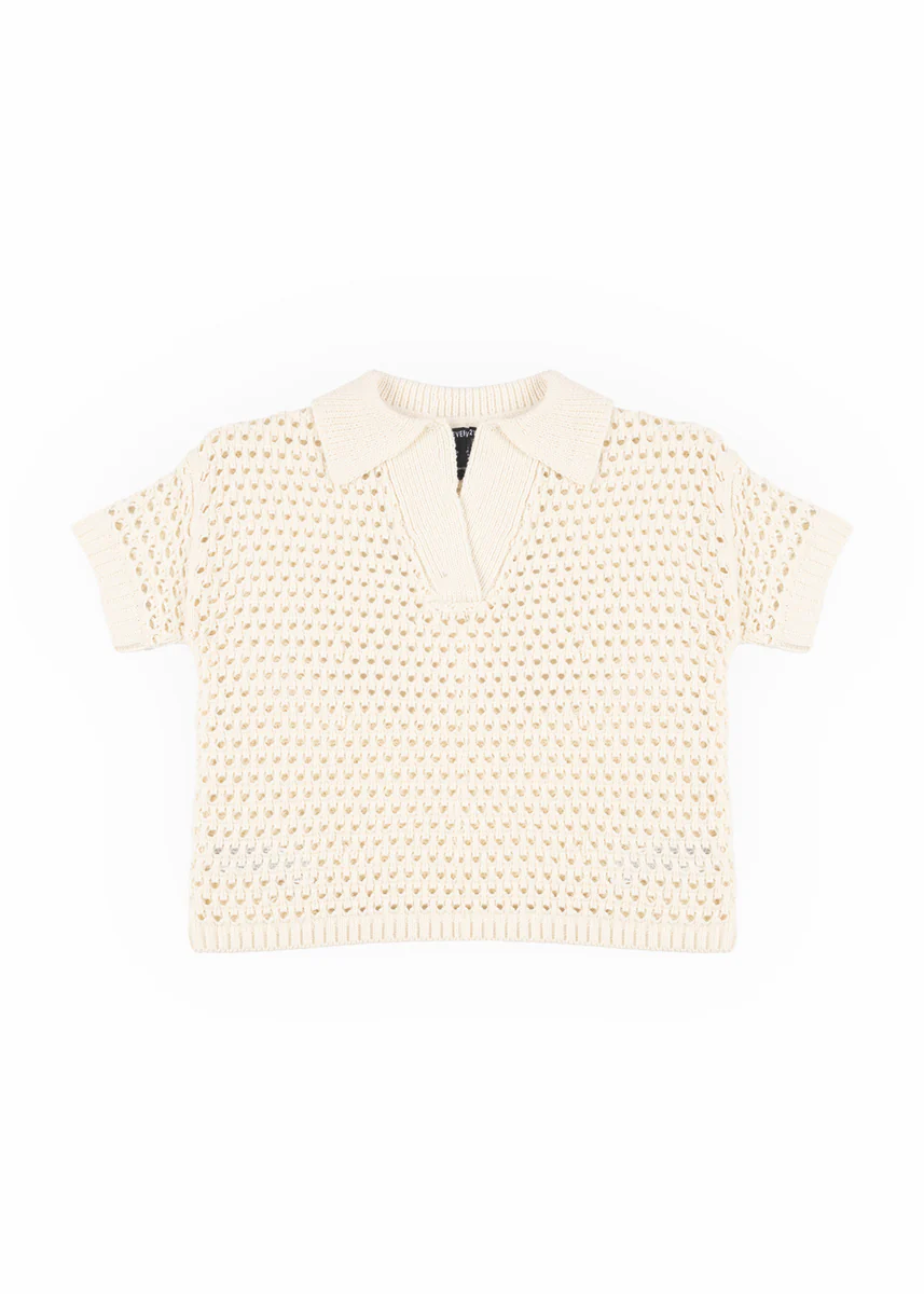 Short-Sleeve Crochet Collared Sweater Top - Image 3