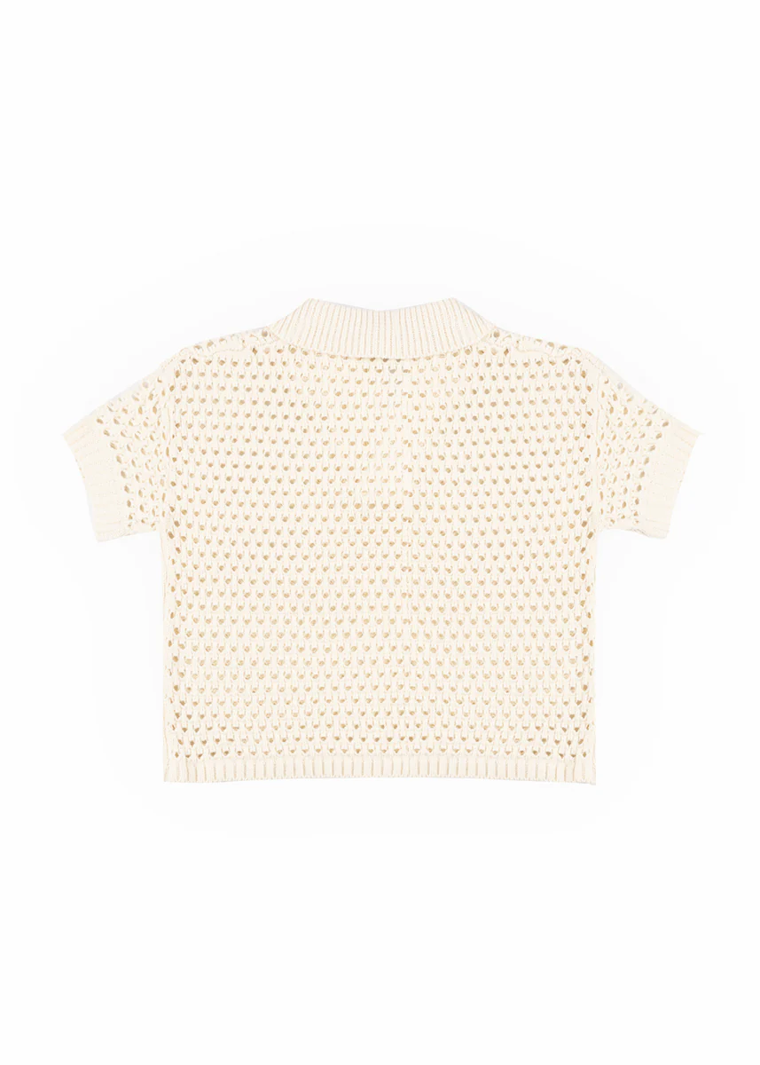 Short-Sleeve Crochet Collared Sweater Top - Image 4