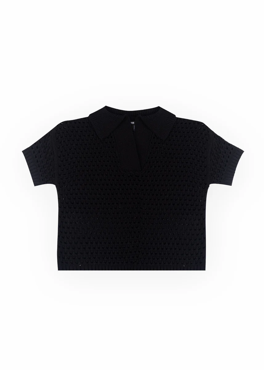 Short-Sleeve Crochet Collared Sweater Top - Image 8