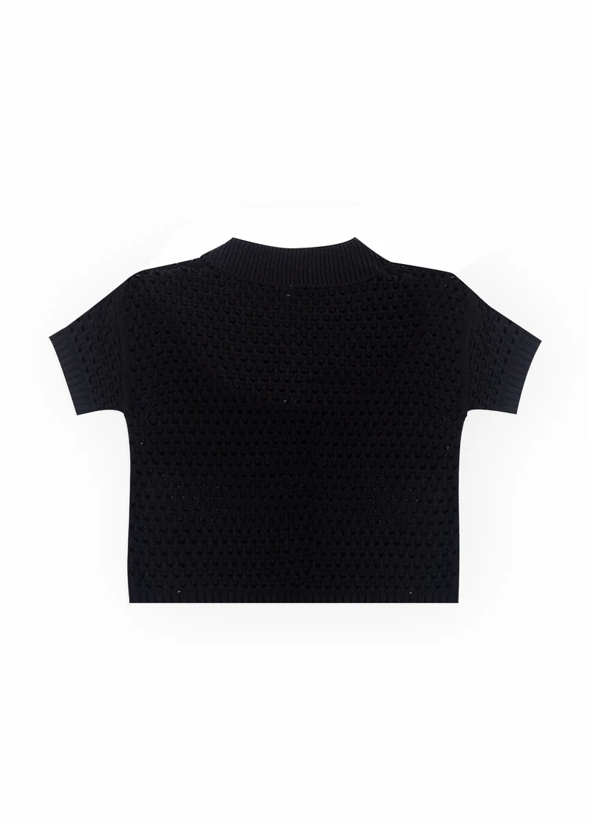 Short-Sleeve Crochet Collared Sweater Top - Image 9