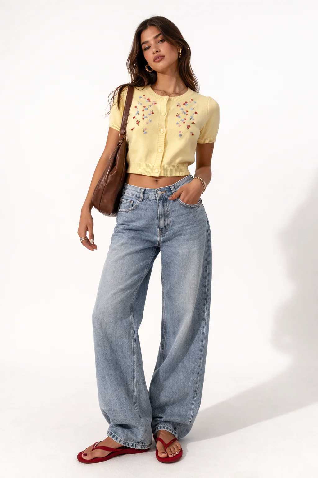 Floral Embroidered Puff-Sleeve Cardigan - Image 2