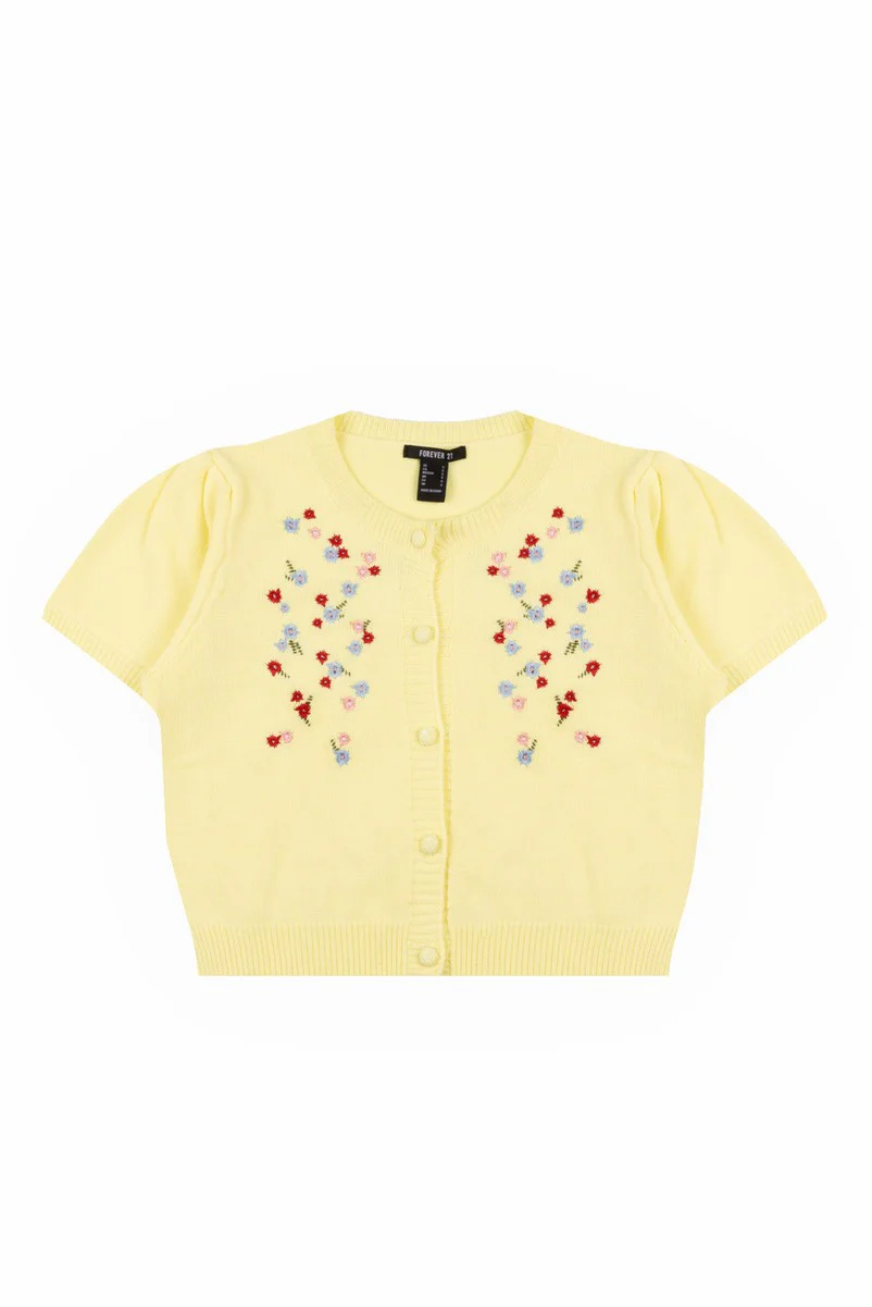 Floral Embroidered Puff-Sleeve Cardigan - Image 3