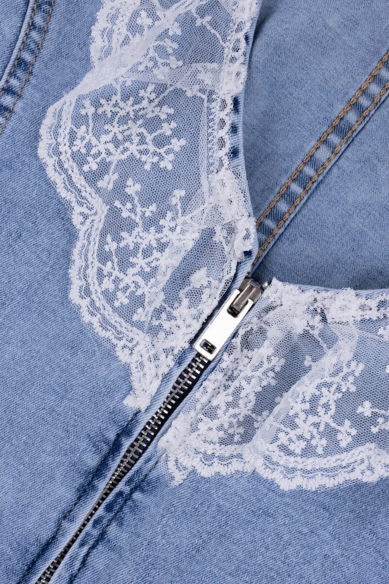 Lace Trim Zip Front Denim Vest - Image 3