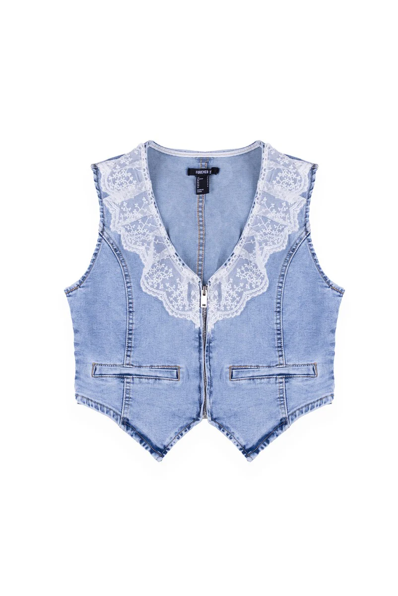 Lace Trim Zip Front Denim Vest - Image 5