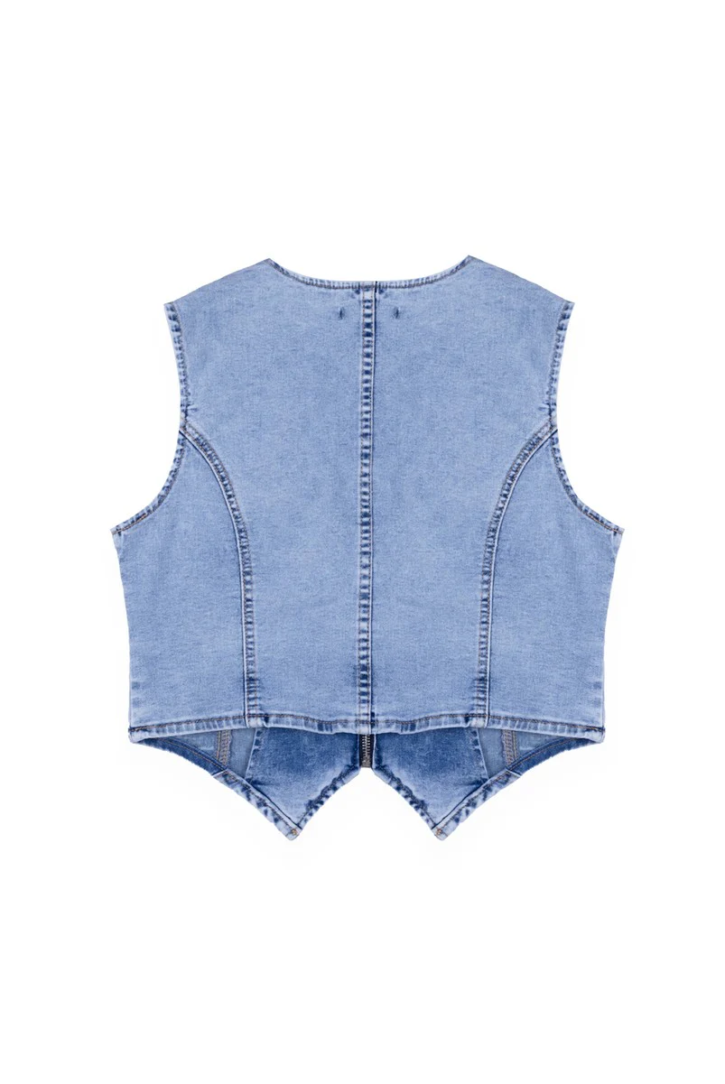 Lace Trim Zip Front Denim Vest - Image 6