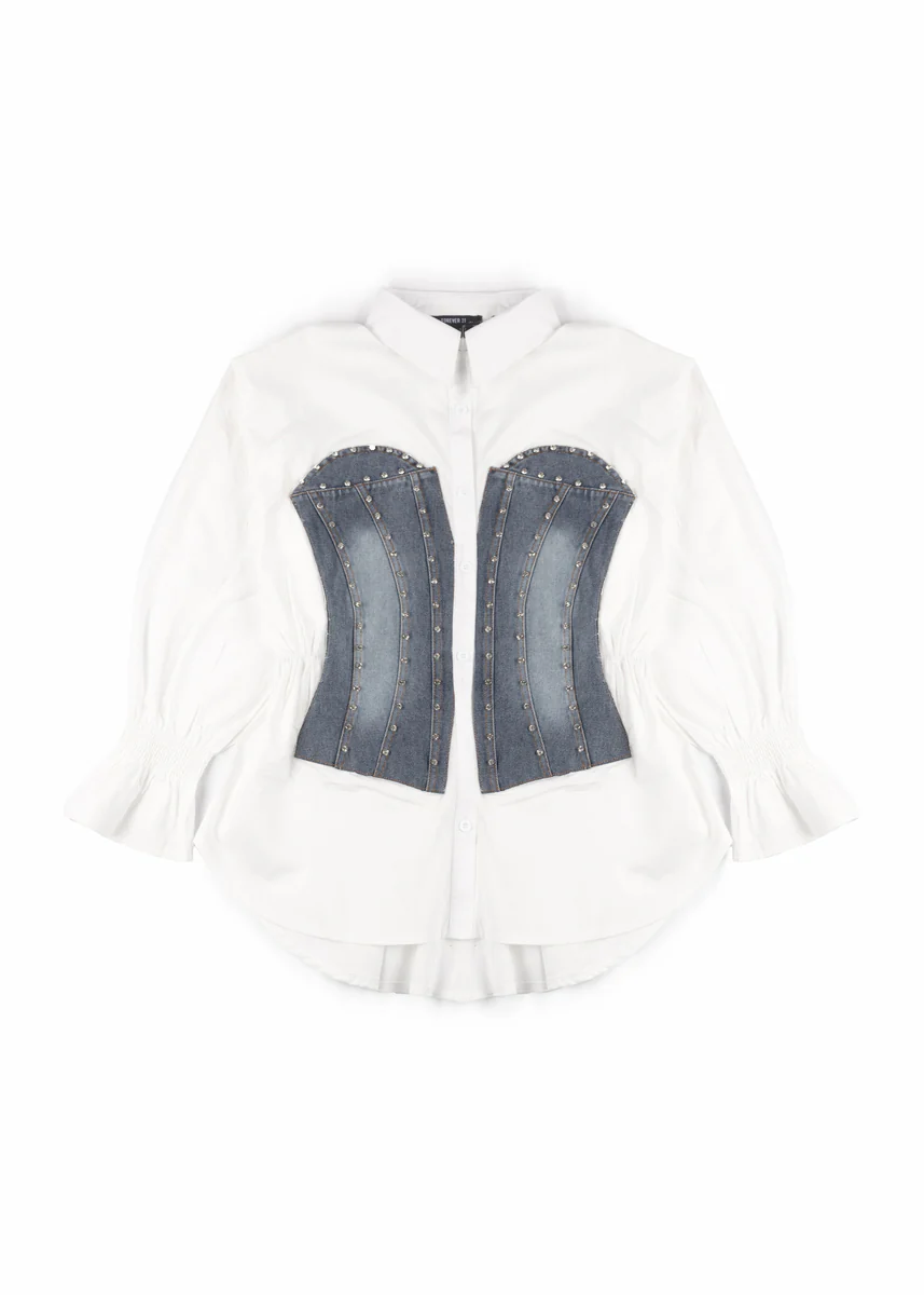 Poplin Faux Denim Corset Shirt - Image 2