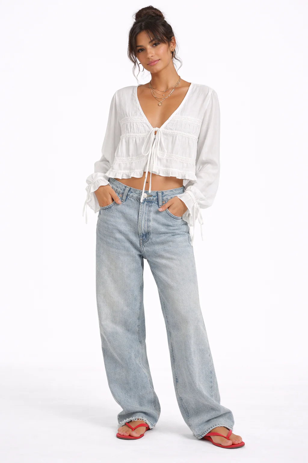 LONG SLEEVE TIE FRONT BLOUSE WITH RUFFLE DETAIL - Image 2