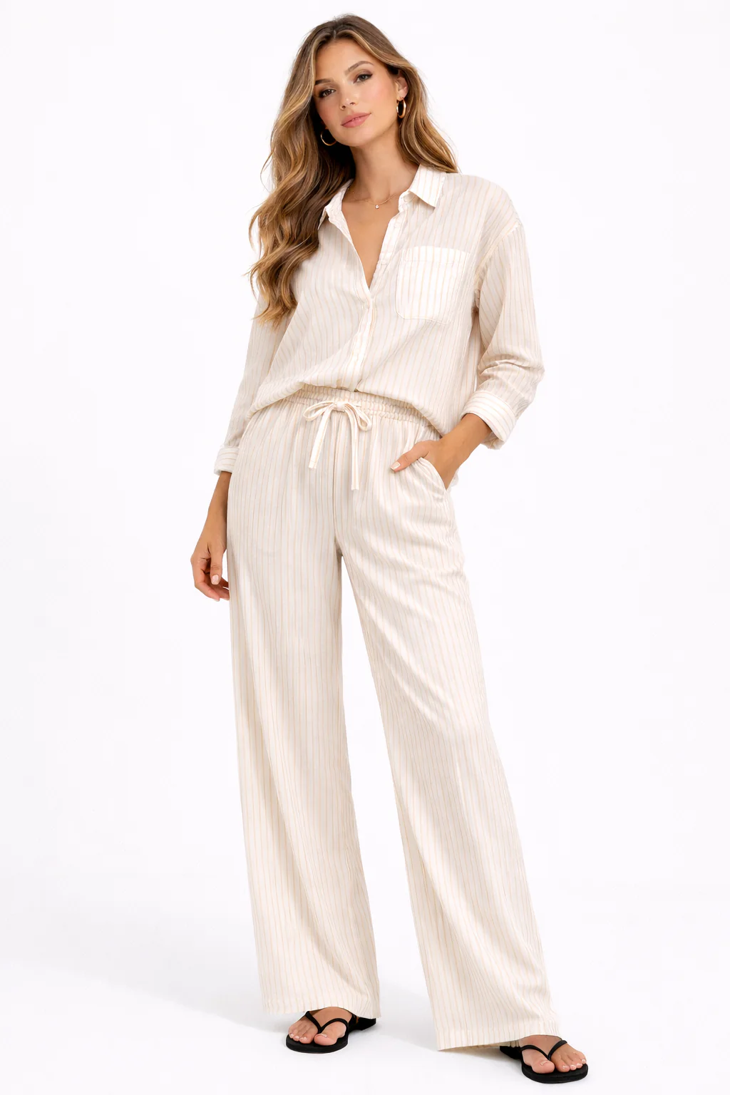 STRIPED LONG SLEEVE SHIRT AND WIDE LEG PANT SET - Image 2