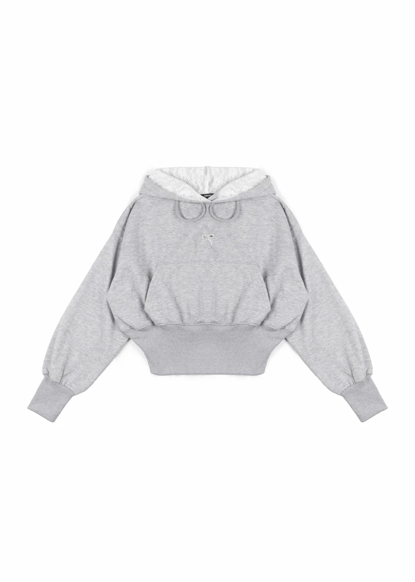 Cropped Lace-Lined Hood & Embroidered-Bow Hoodie - Image 10