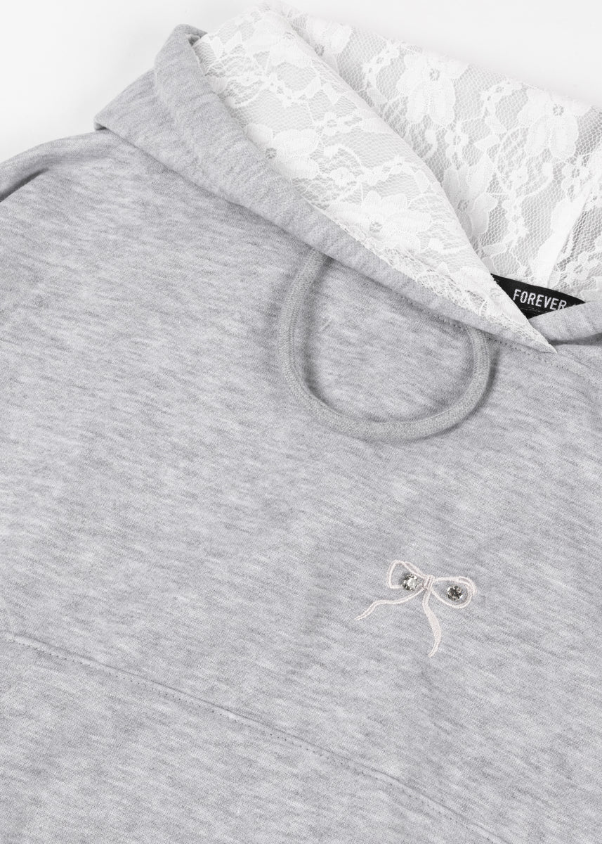 Cropped Lace-Lined Hood & Embroidered-Bow Hoodie - Image 12