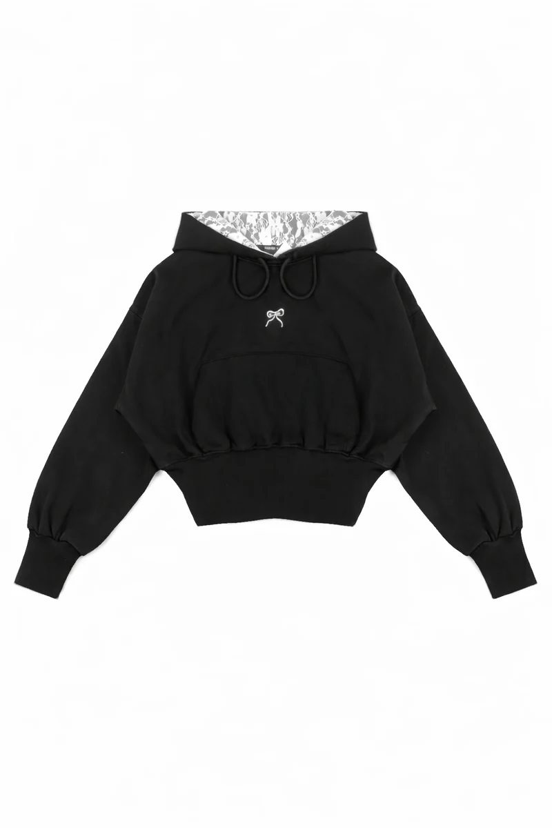 Cropped Lace-Lined Hood & Embroidered-Bow Hoodie - Image 3
