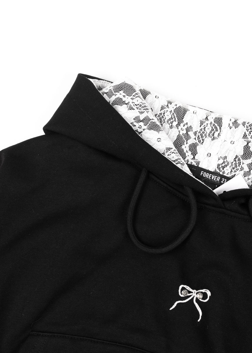 Cropped Lace-Lined Hood & Embroidered-Bow Hoodie - Image 5