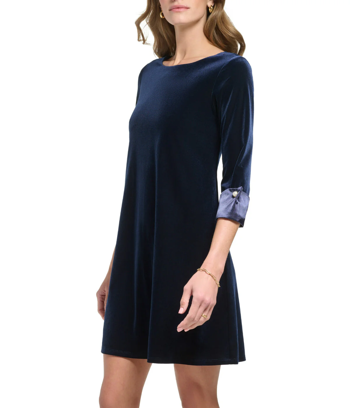 1 Pc 3/4 Cuff Sleeve Trap Velvet/Satin Dress Navy - Image 3