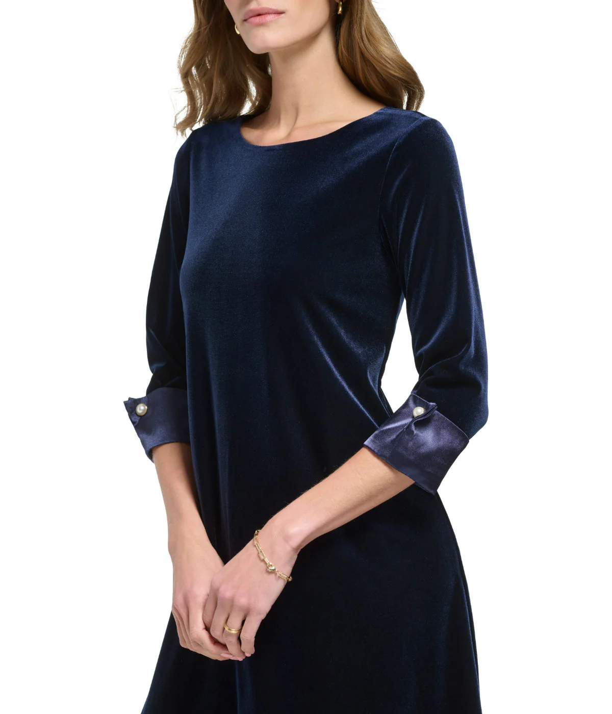1 Pc 3/4 Cuff Sleeve Trap Velvet/Satin Dress Navy - Image 4