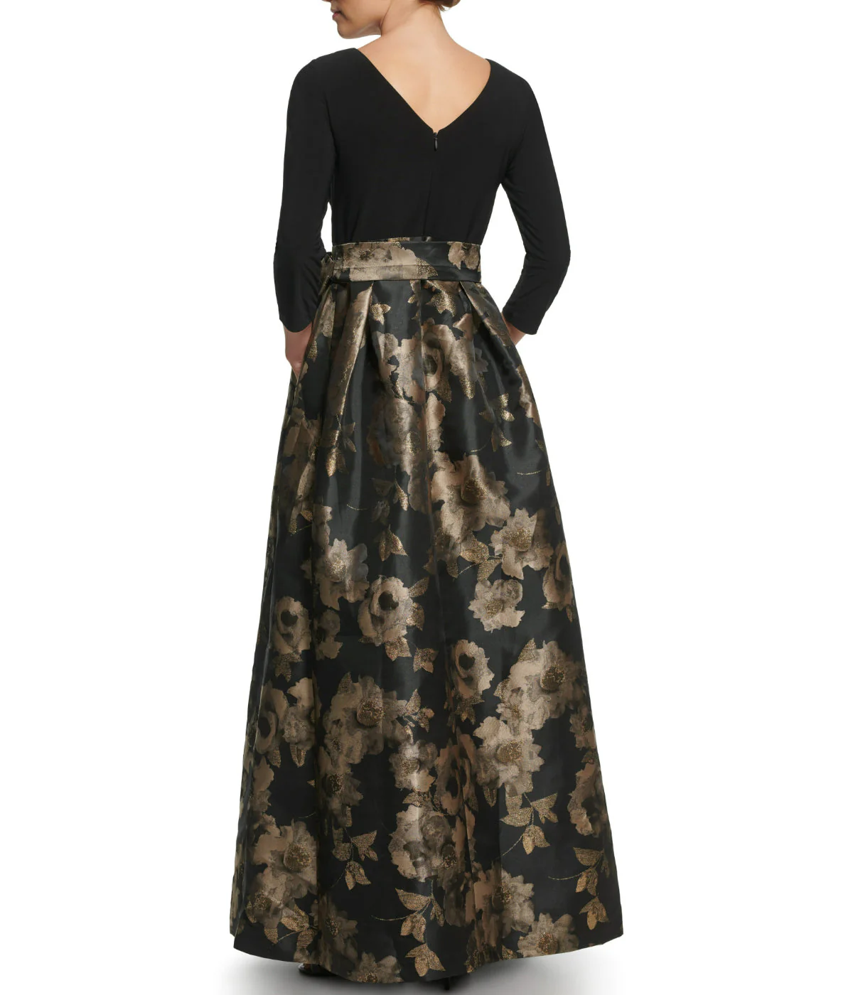 1Pc 3/4 Sleeve Boatnk Inset Waist Ballgown W/ Pleated Skirt & Tie Sash Black Gold - Image 2