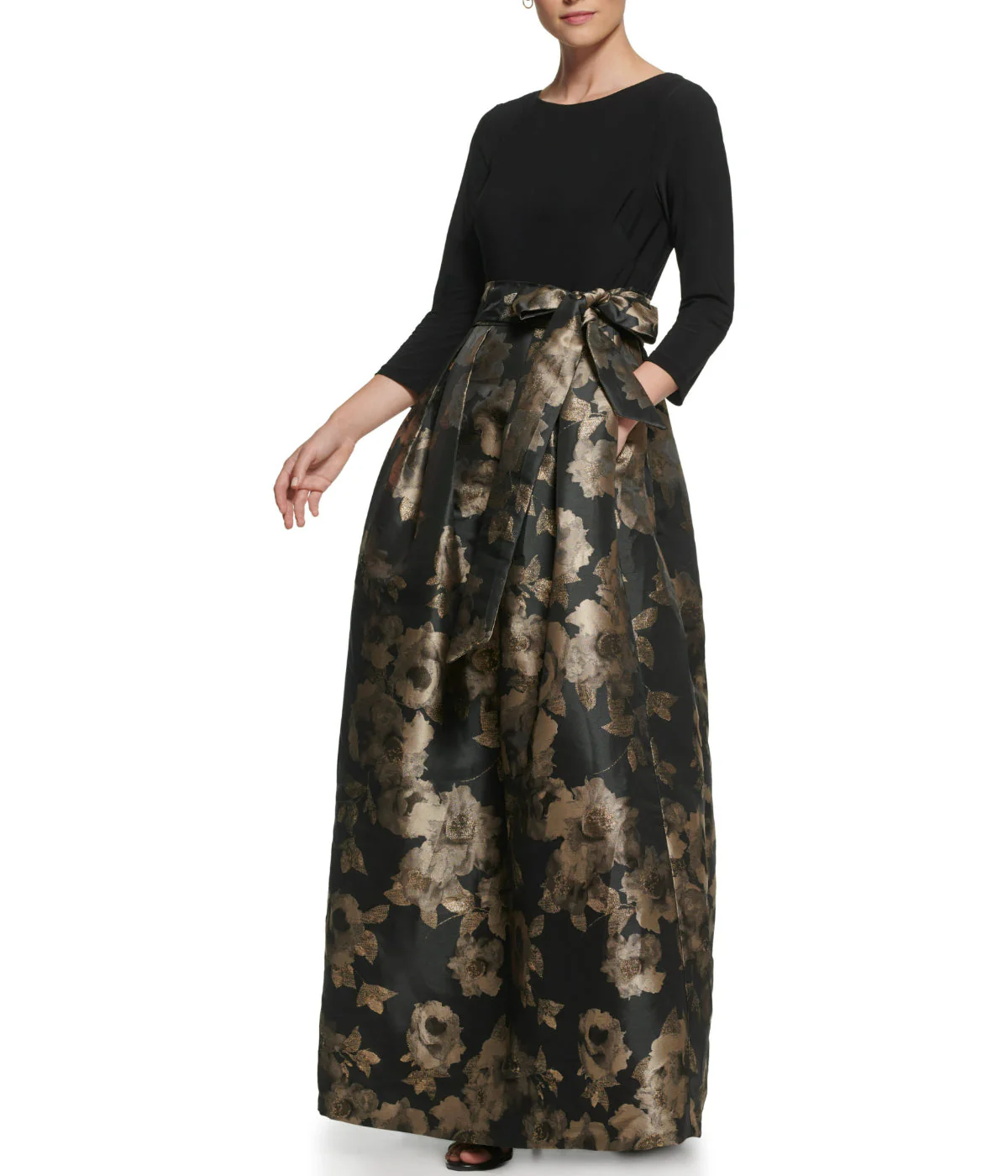 1Pc 3/4 Sleeve Boatnk Inset Waist Ballgown W/ Pleated Skirt & Tie Sash Black Gold - Image 3